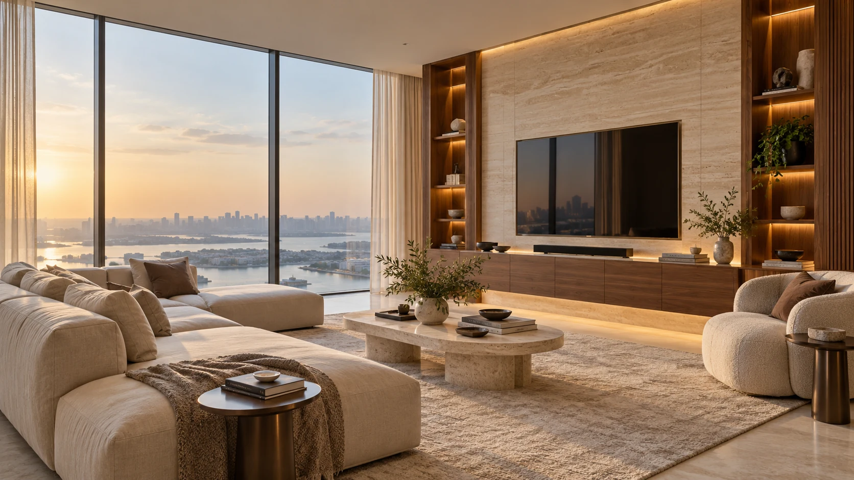 Apartment living room with integrated media wall, stone and timber finishes