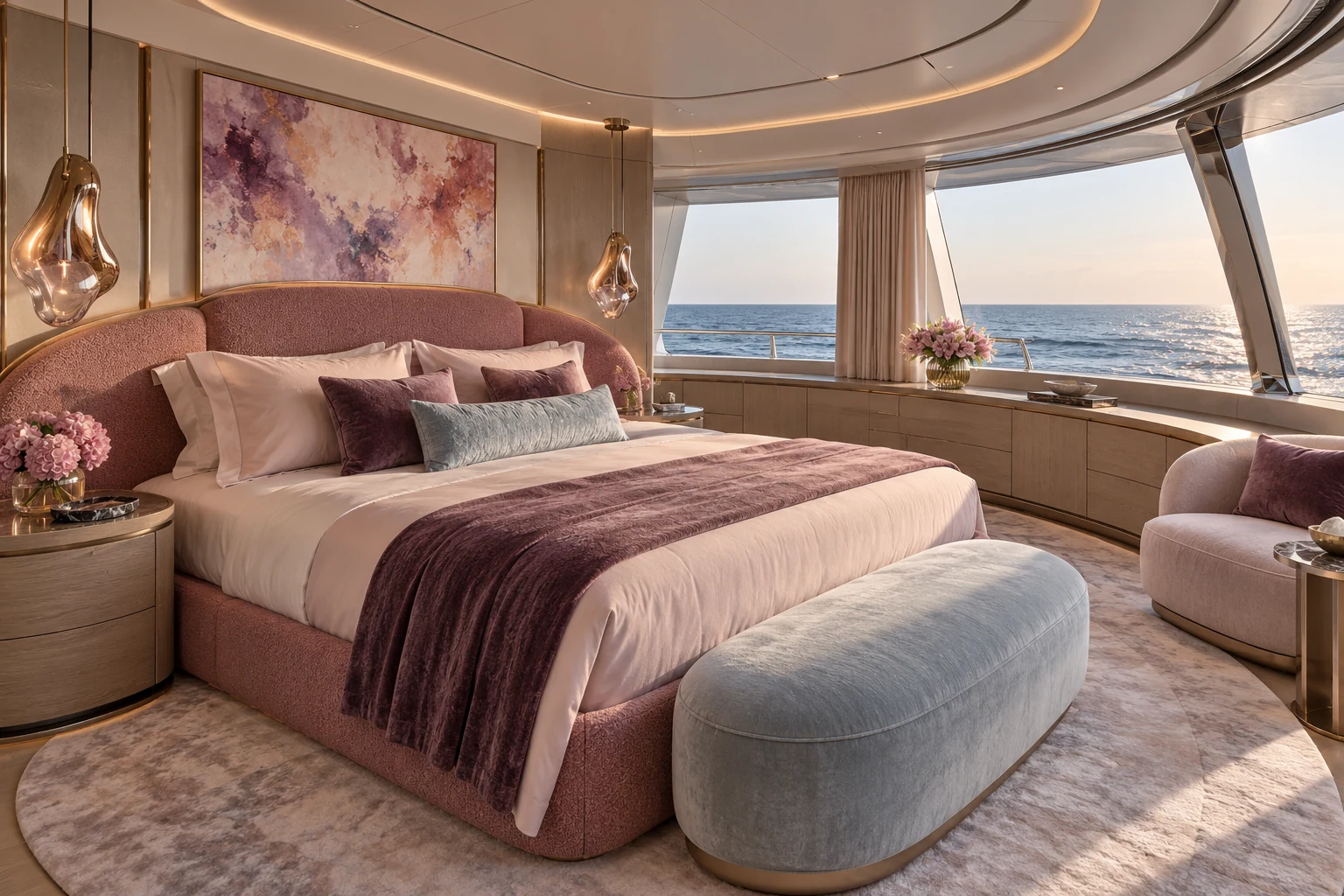 Owner’s suite on a yacht with the bed oriented to the sea view