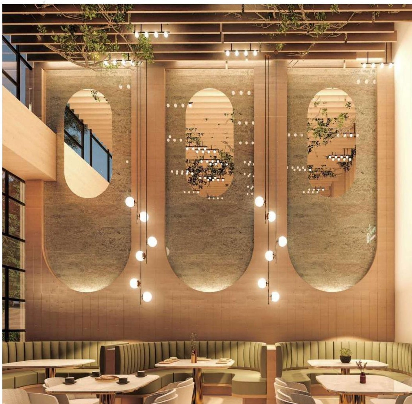 Timber-lined restaurant dining room with layered lighting and built-in banquette seating