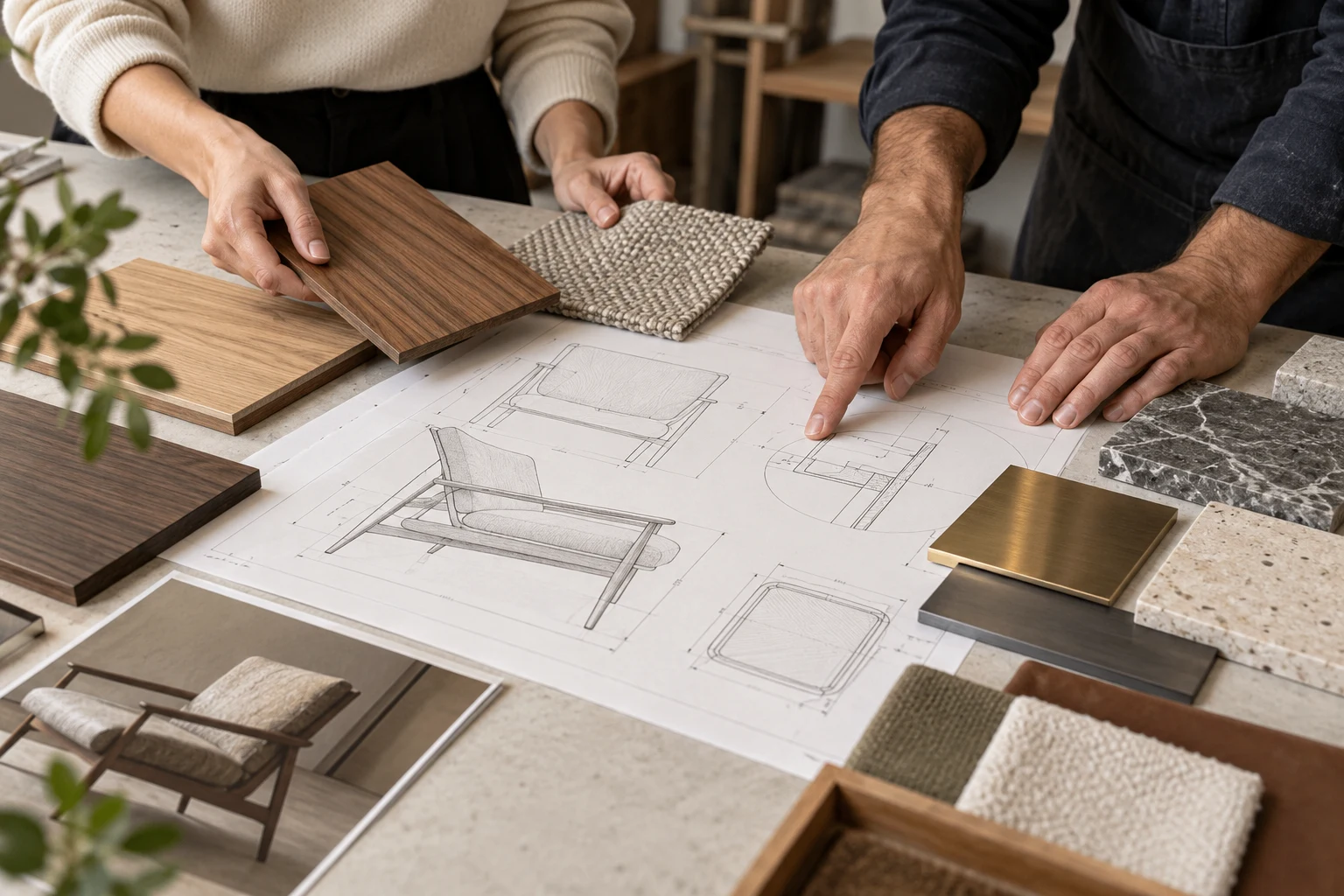 Process concept of chair drawings reviewed alongside timber, fabric, metal and stone samples