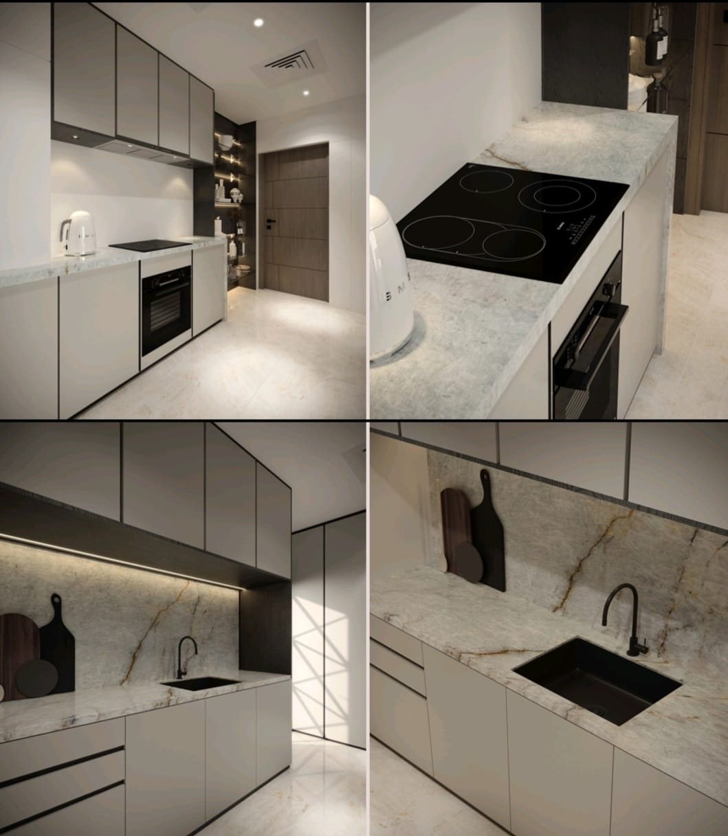 Compact kitchen with veined stone worktop and full-height splashback (Design visualisation)