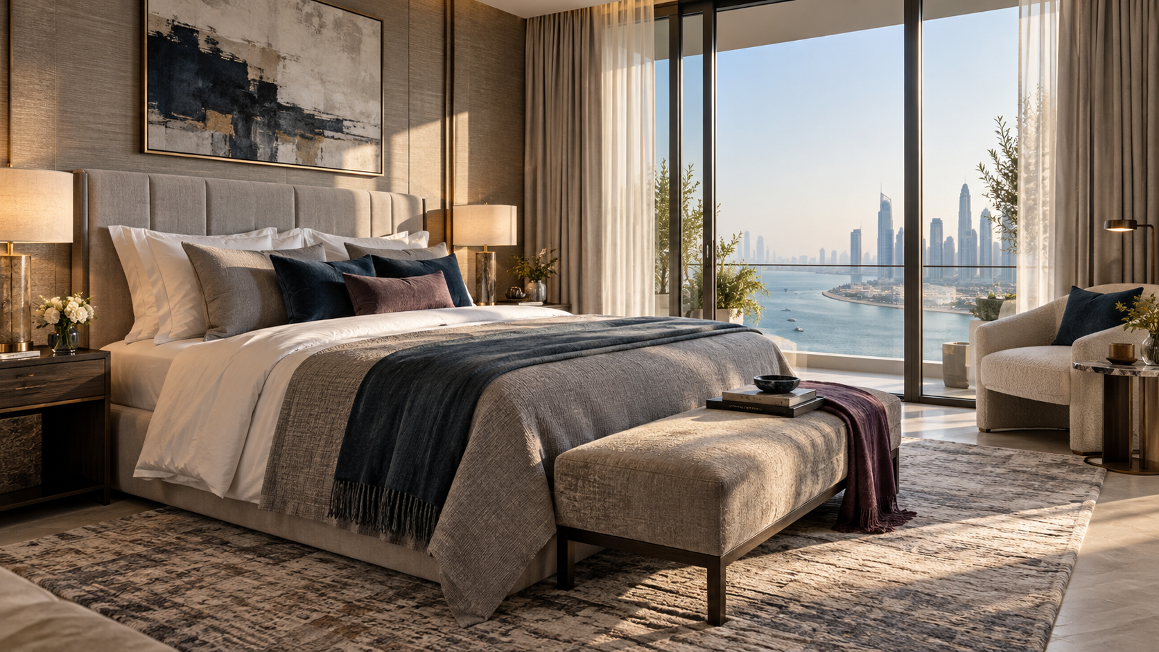 Bedroom with upholstered bed and bedside lighting