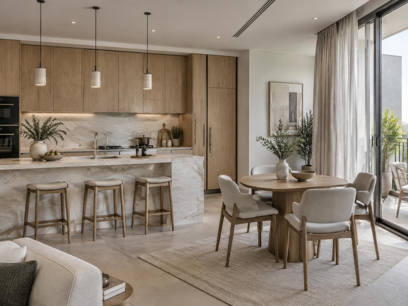 Open-plan apartment kitchen and dining room with an oak island, stone worktops and full-height glazing to a terrace