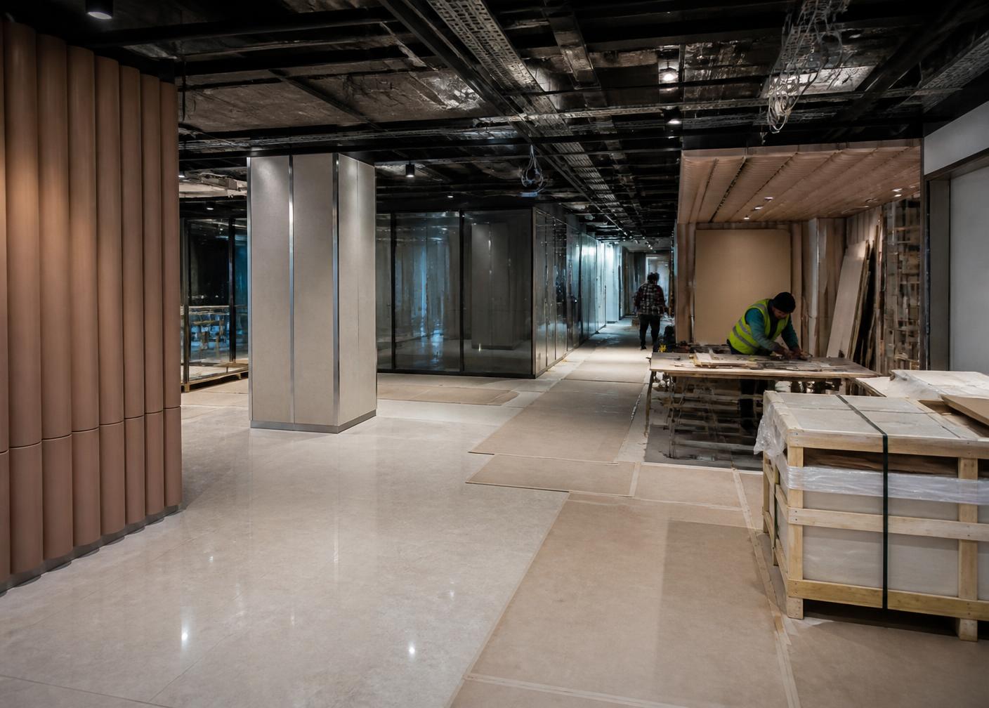 Live fit-out site with protected finishes and crated components