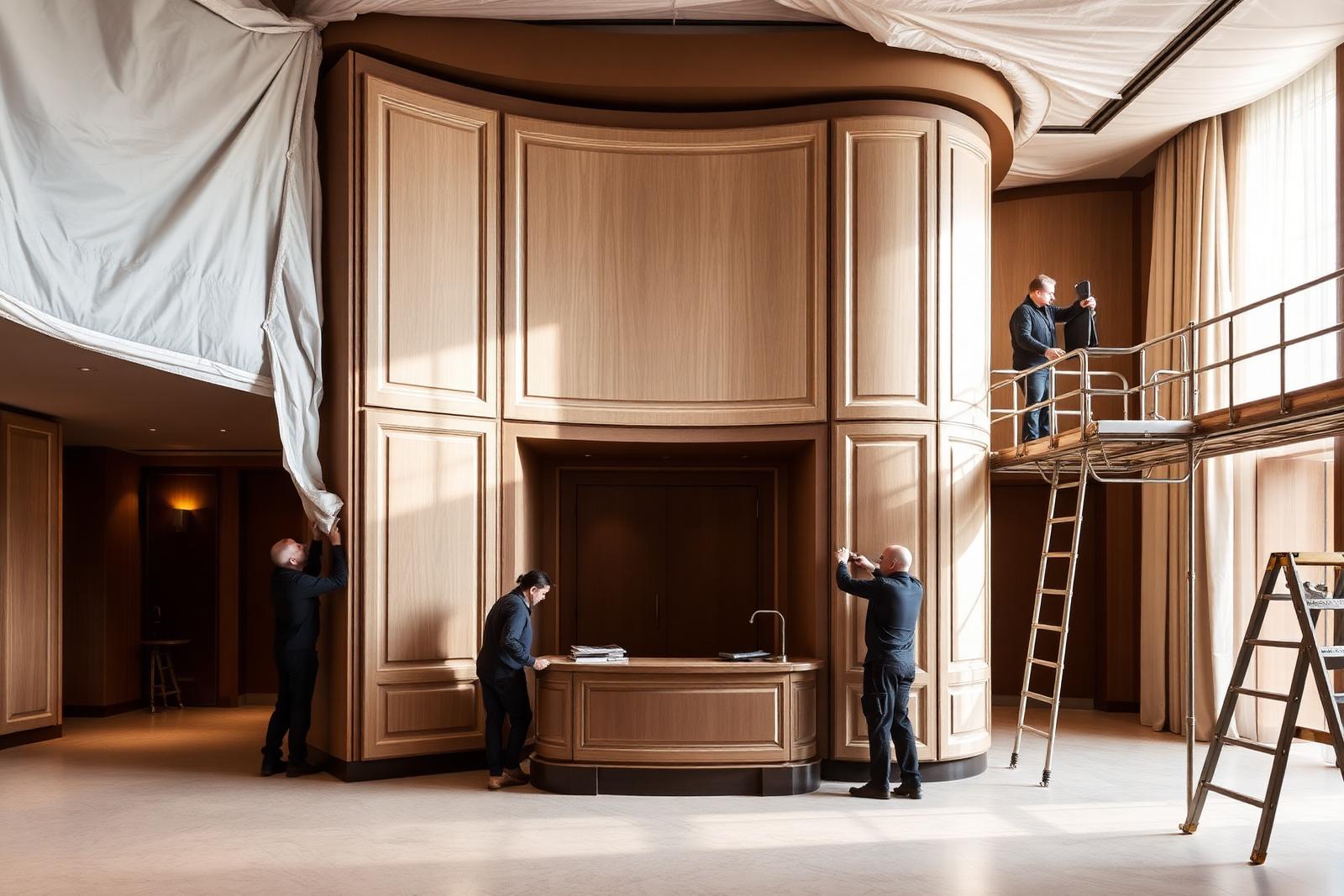 Craftsmen installing curved timber panelling and joinery in a luxury hotel lobby under protection