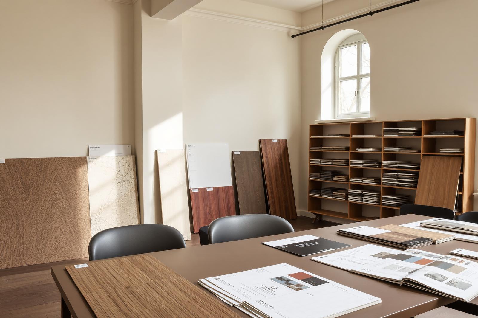 Materials and procurement studio with labelled stone, timber and metal samples laid out against technical schedules