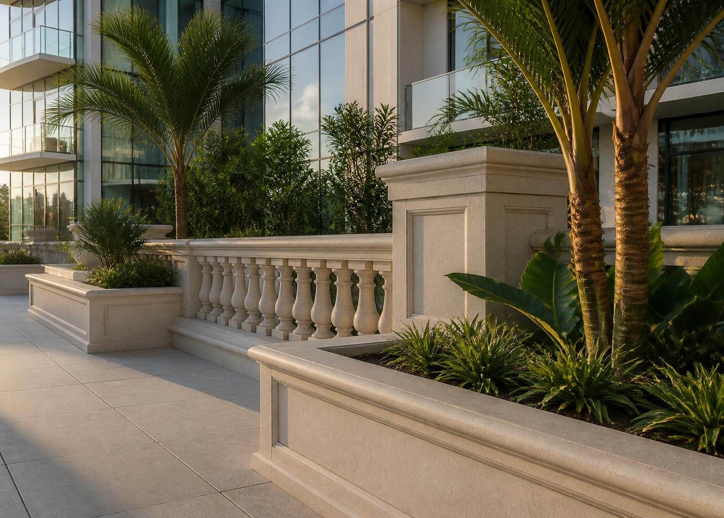 Cast stone planters, balustrade and gate pier on a residential podium terrace