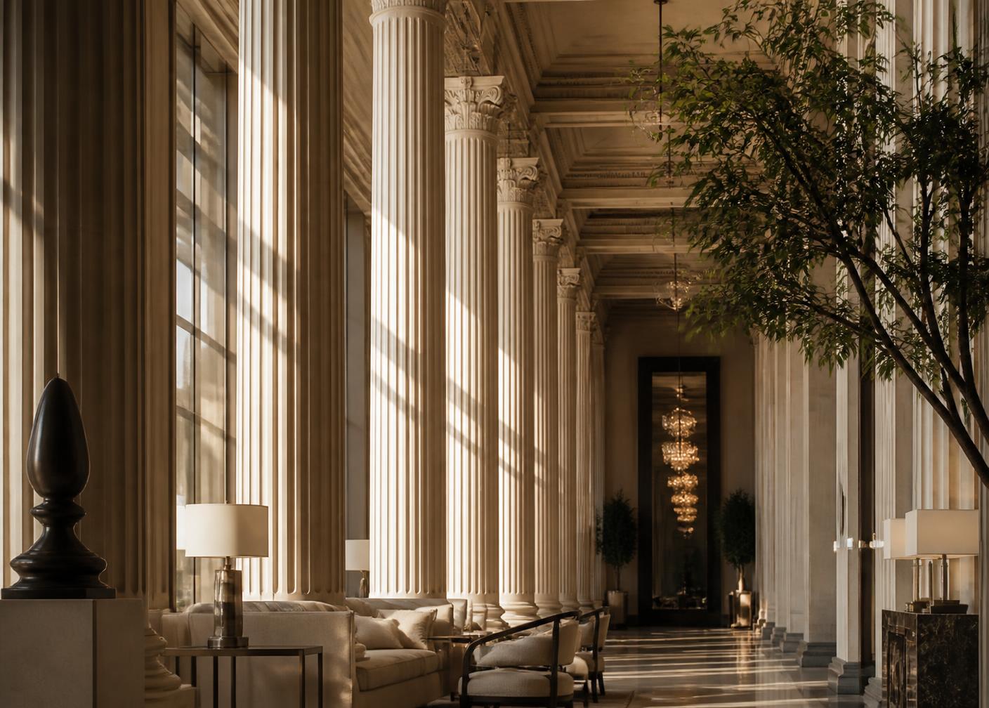 Fluted classical columns with carved capitals in a hotel colonnade