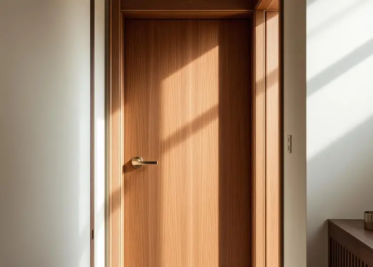 Veneered fire-rated doorset with concealed frame and bronze ironmongery