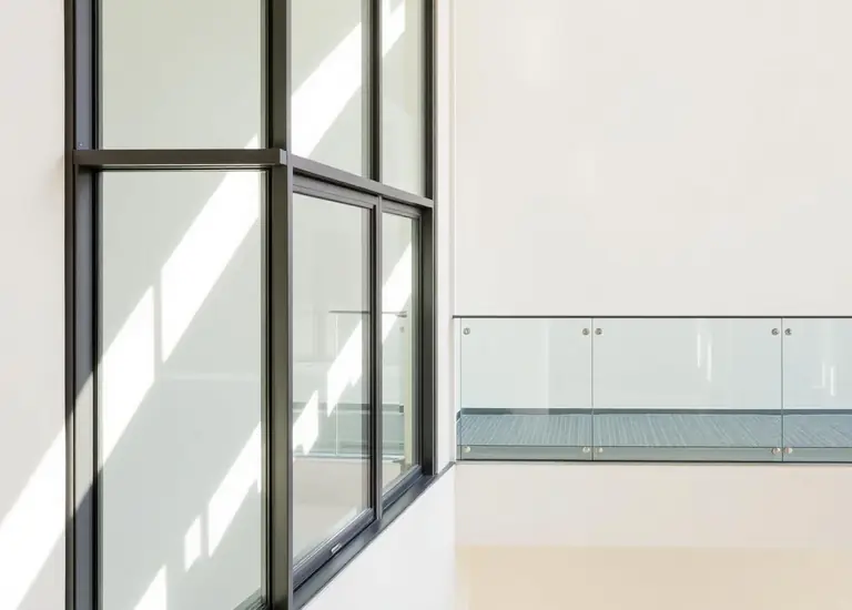 Slim aluminium framed glazing and glass balustrade