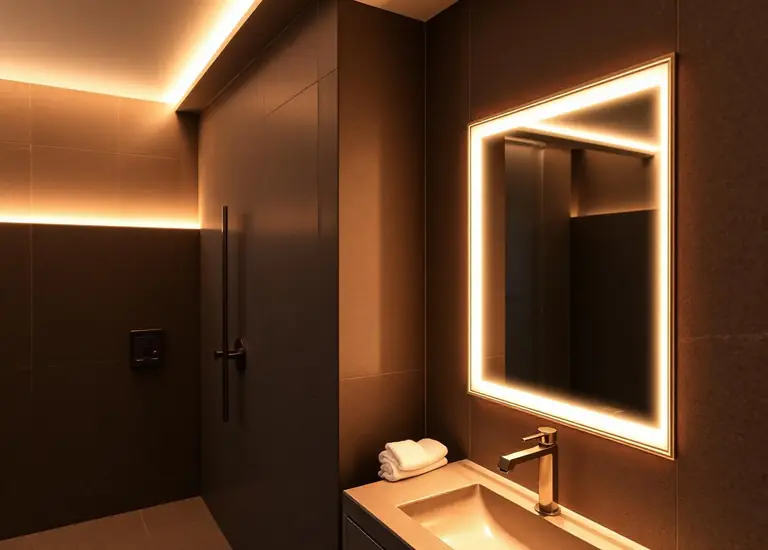 Trimless linear coves and backlit mirrors