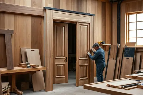 Doorset being pre-hung and adjusted in the joinery workshop