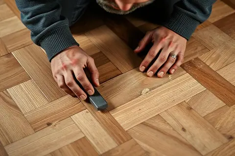 Craftsman hand finishing parquet panels laid in a basketweave pattern