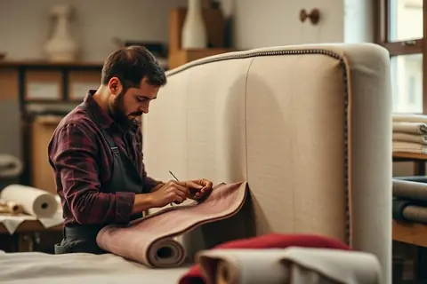 Upholsterer hand-finishing a linen headboard in the workshop