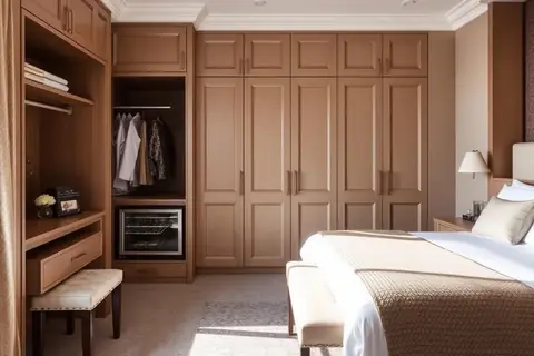 Completed hotel suite with wardrobe, minibar cabinet and upholstered bench