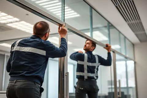 Technicians installing a slim aluminium framed glass partition