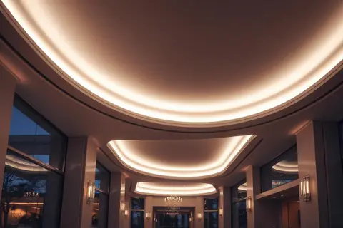 Trimless cove lighting washing a curved plaster ceiling in a lobby