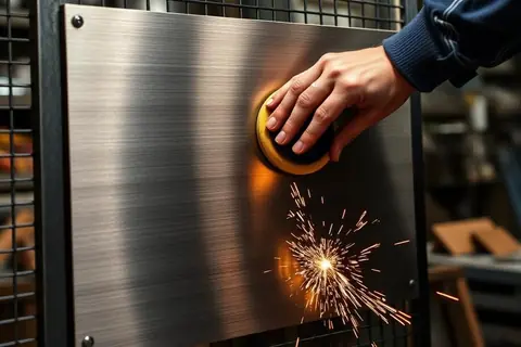 Craftsman finishing a brushed stainless steel panel in the metal workshop