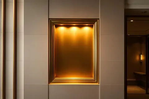 Installed bronze wall niche and trim detail in a hotel lobby