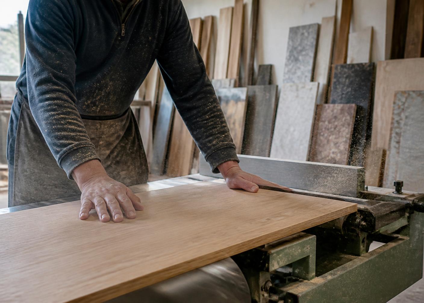 Craftsman machining a veneered oak panel in the workshop