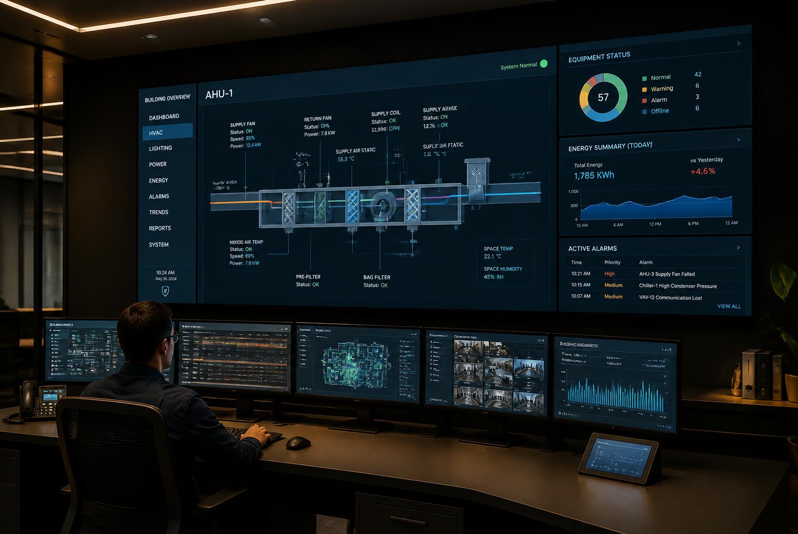 Control room screens showing systems status during commissioning