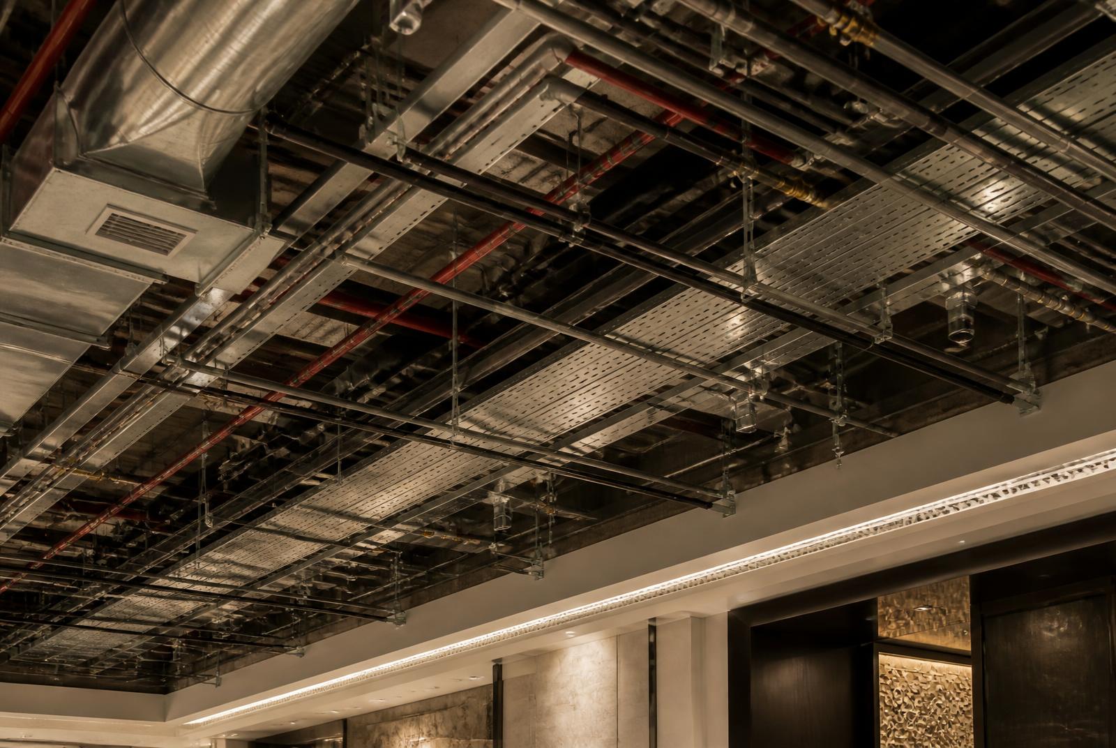 Coordinated ceiling void with ductwork, sprinklers and containment above a hotel corridor