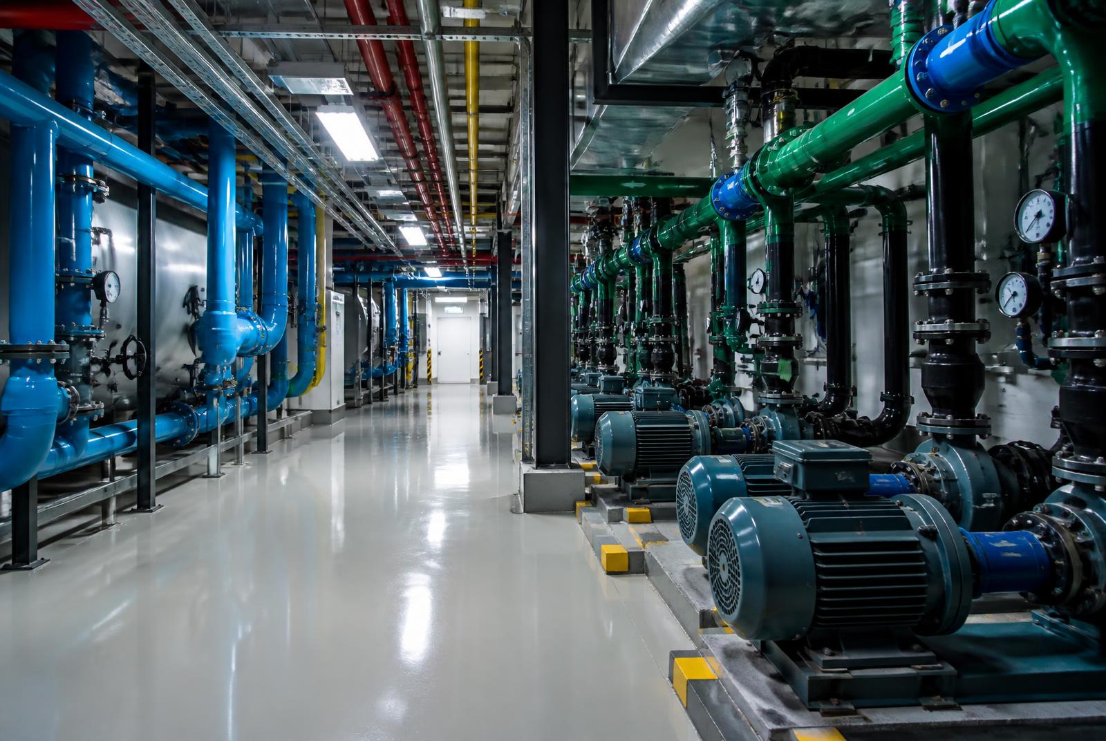 Mechanical plantroom with pumps, valves and insulated pipework