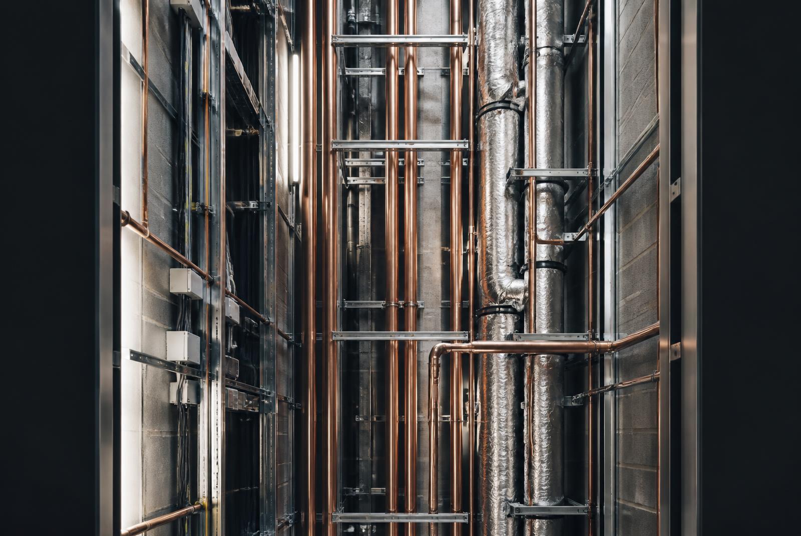 Service riser with neatly bracketed pipework and containment