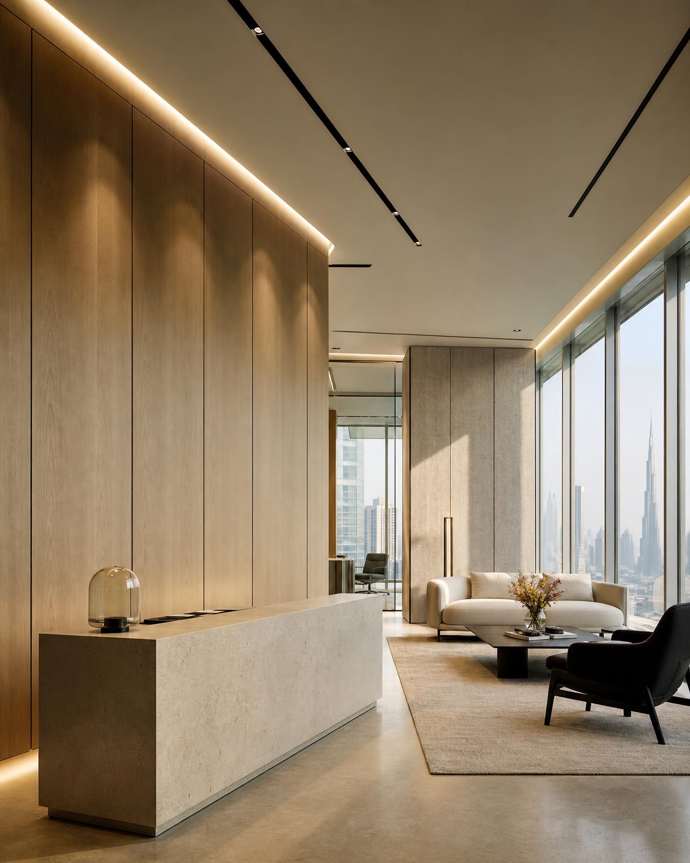 Executive headquarters reception with oak panelling, stone desk and full-height glazing over the Dubai skyline