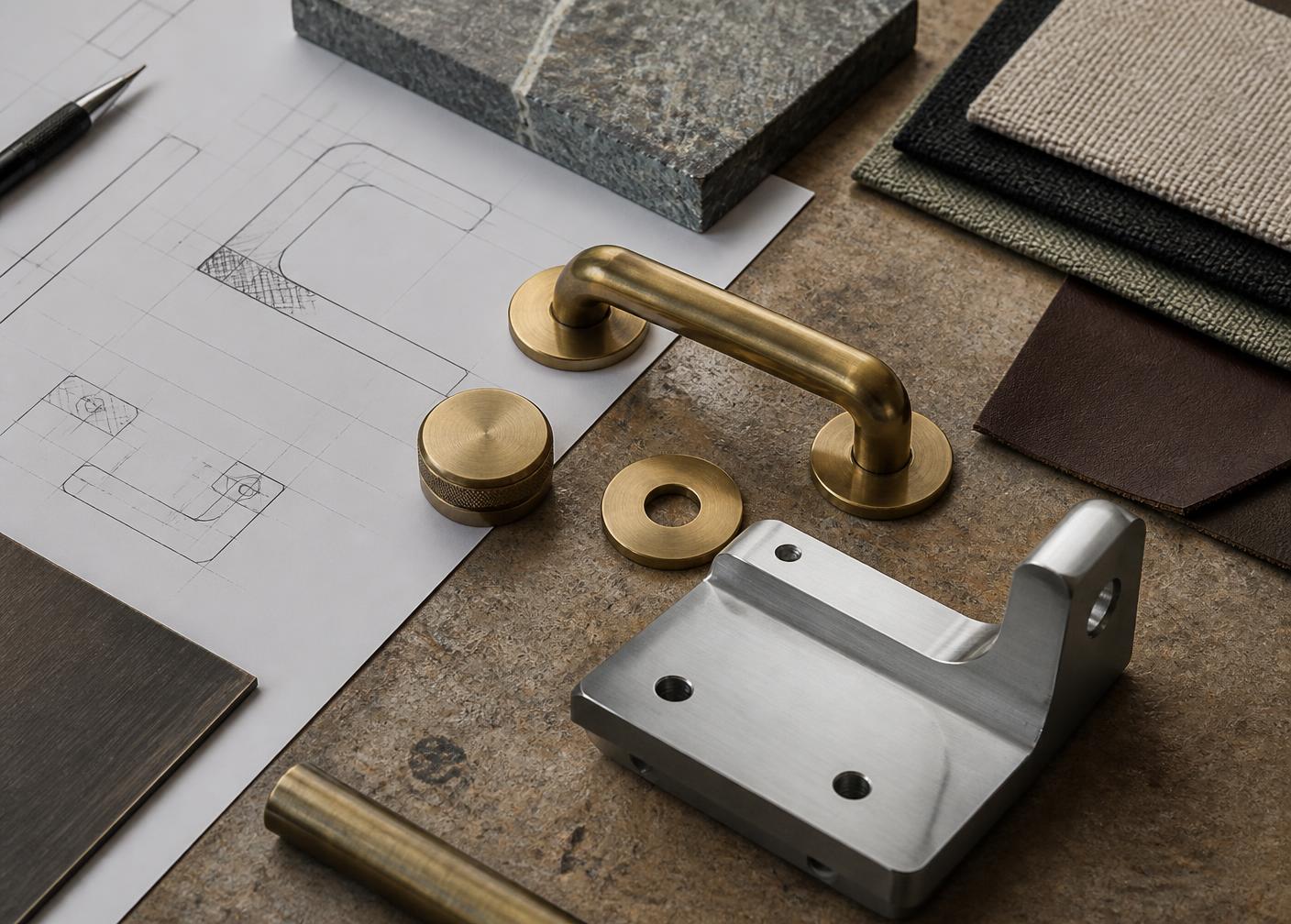 Technical drawings, stone sample, brass ironmongery and a machined prototype bracket