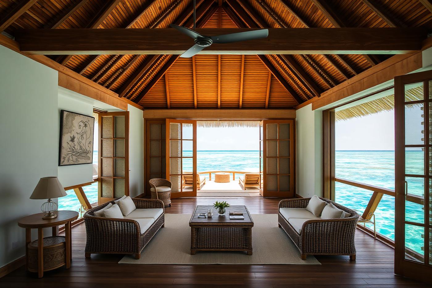 Overwater resort villa interior with timber ceiling and lagoon beyond