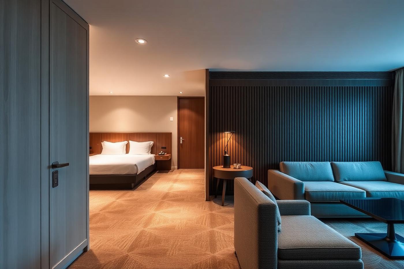 Contemporary hotel room and lounge with bespoke joinery