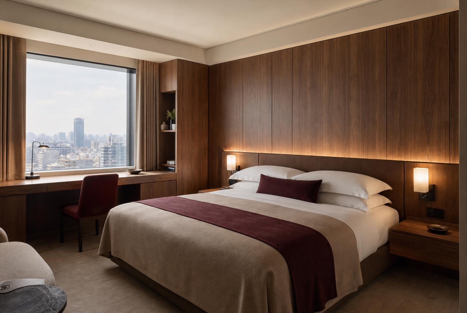 Contemporary hotel room and lounge with bespoke joinery