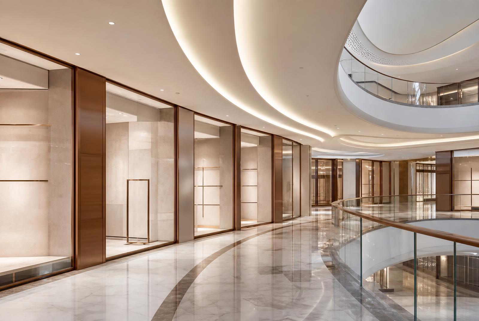 Luxury mall retail frontage in marble, brass and glass