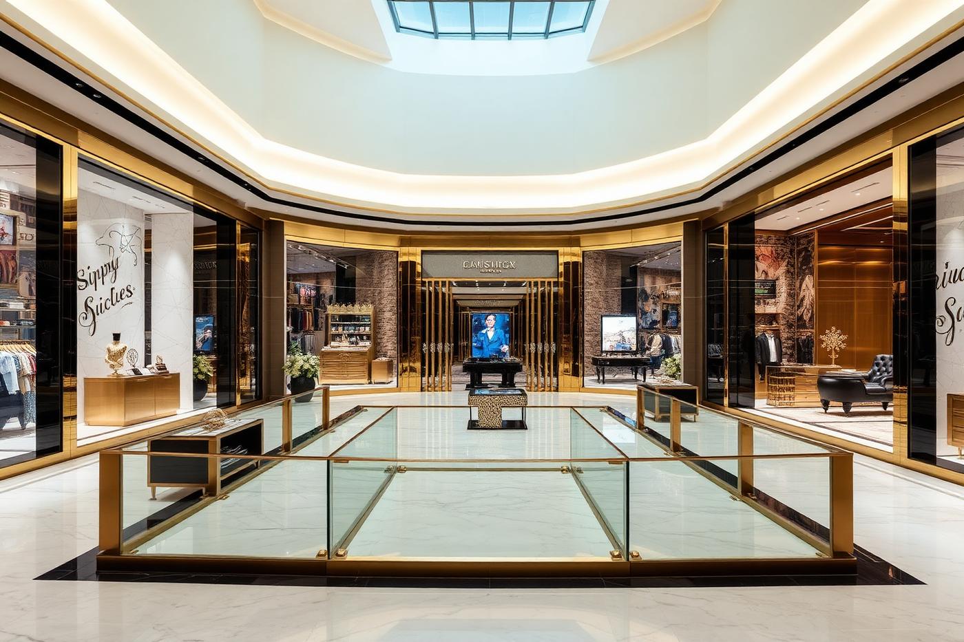 Luxury mall retail frontage in marble, brass and glass