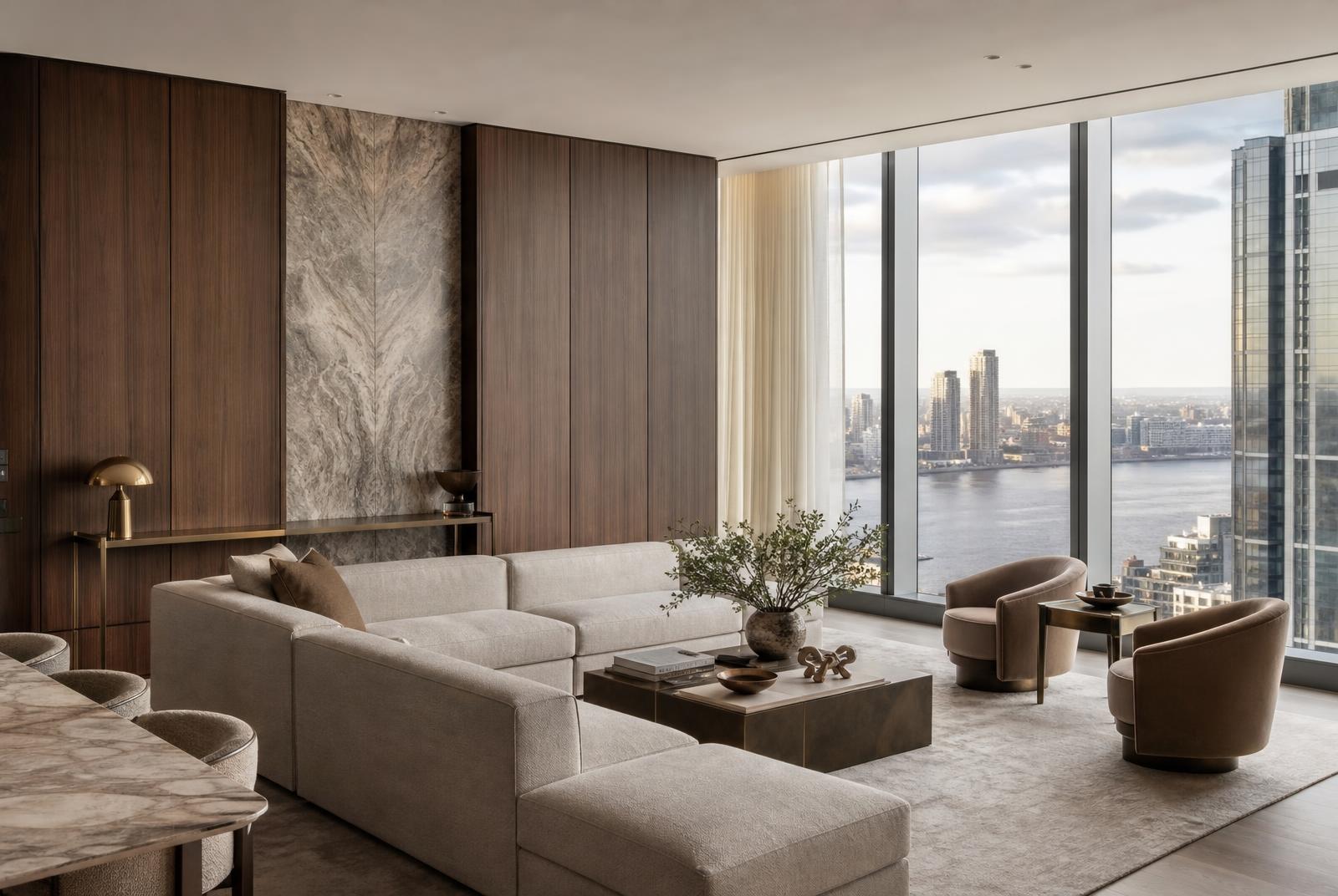 Branded residence living room with walnut joinery and riverside city view