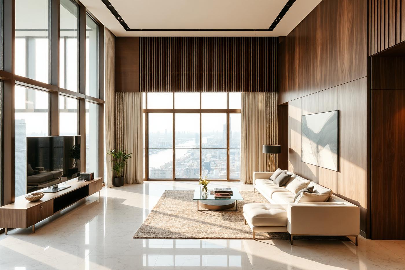 Branded residence living room with walnut joinery and riverside city view