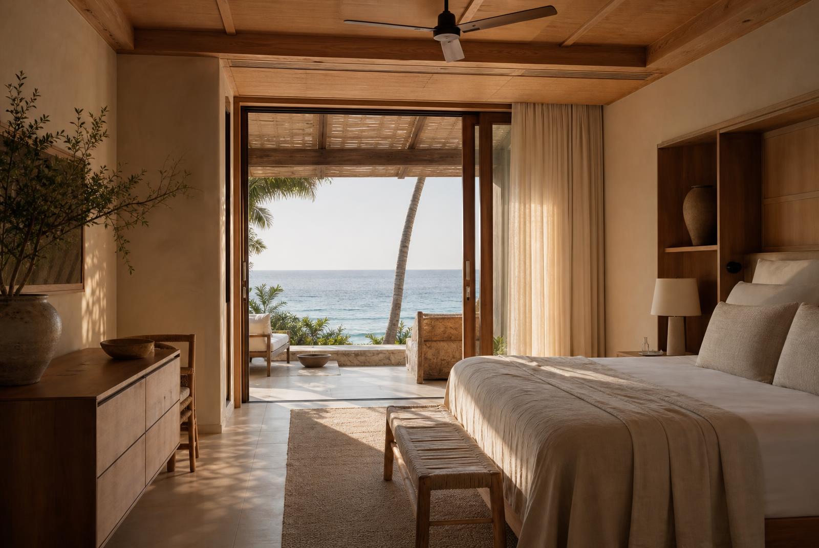 Refurbished beachfront resort guest room with sea view balcony