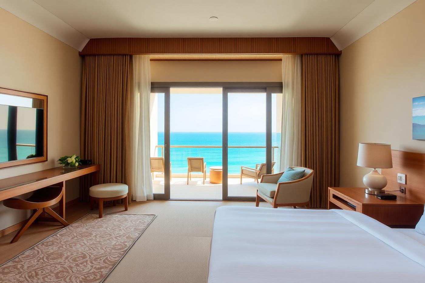 Refurbished beachfront resort guest room with sea view balcony