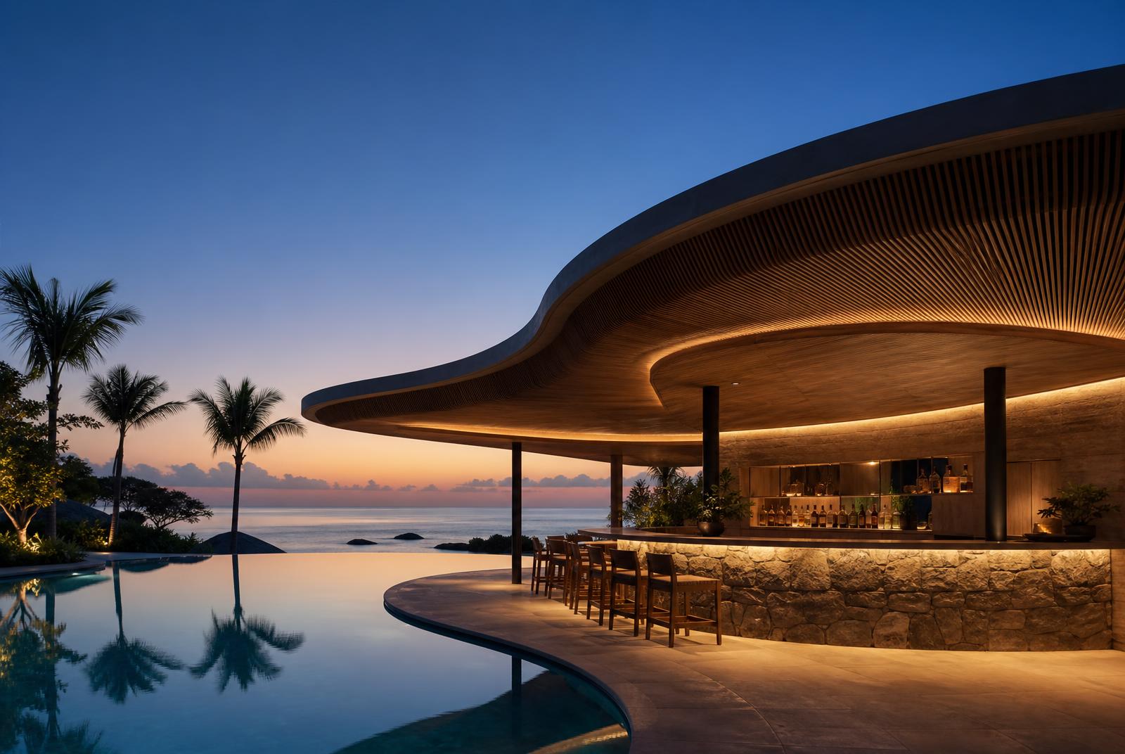 Resort pool bar at dusk with curved timber canopy