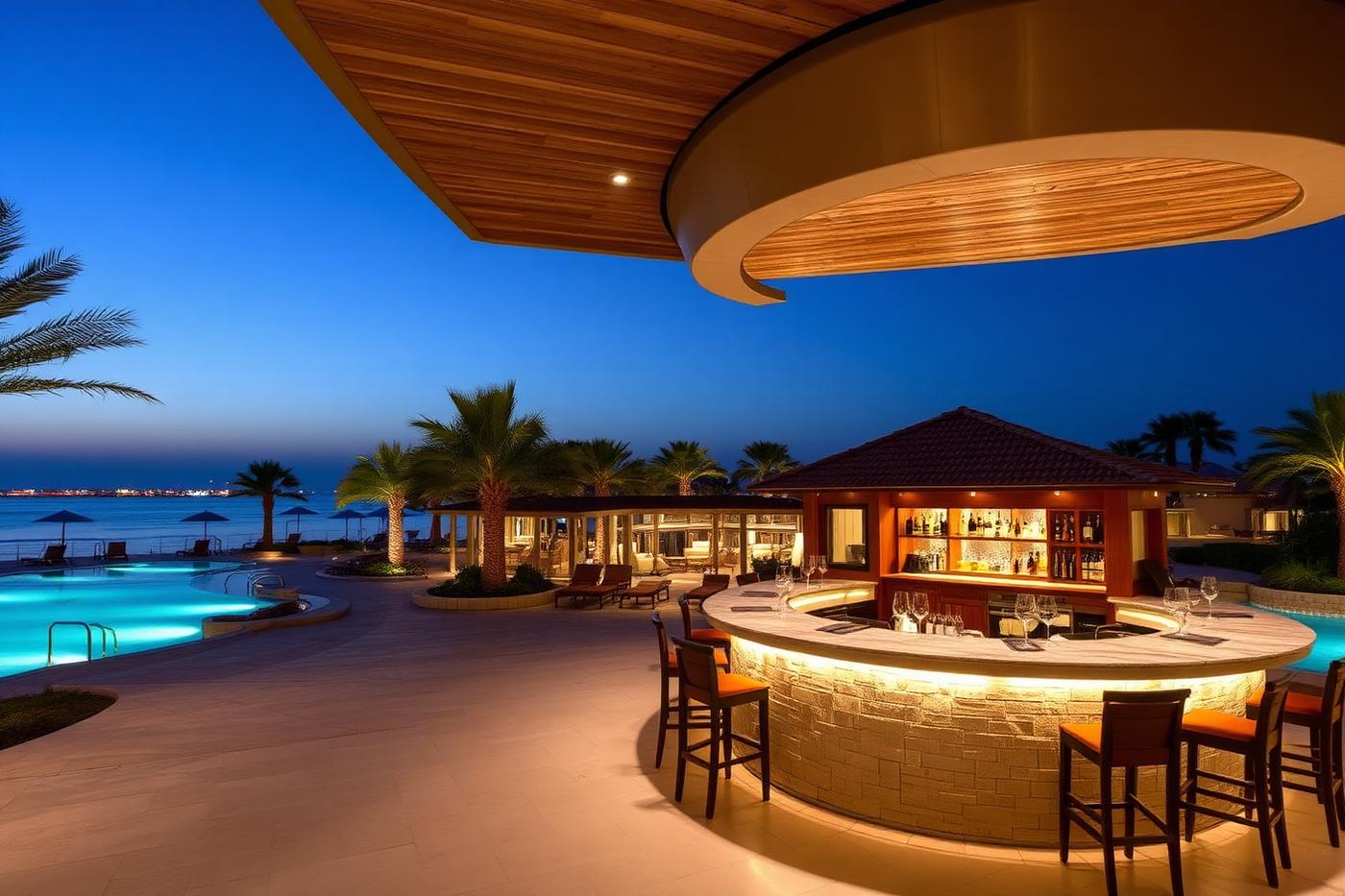Resort pool bar at dusk with curved timber canopy