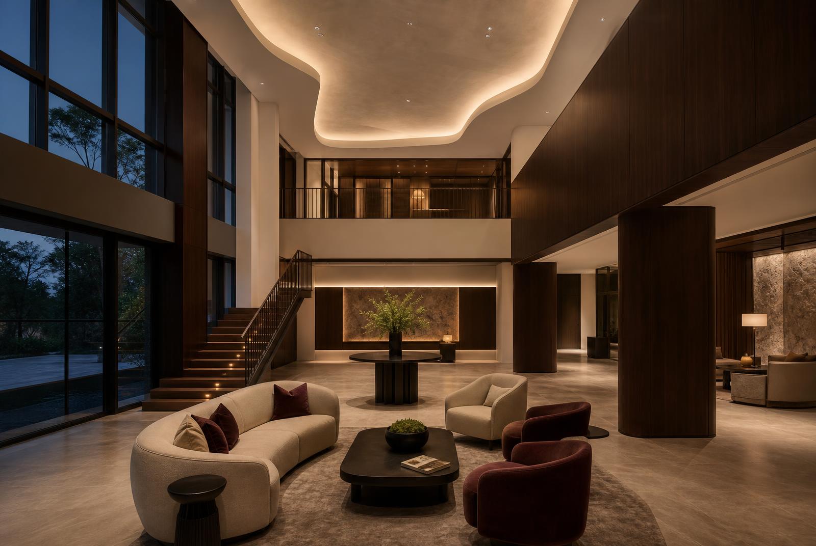 Grand hotel lobby with curved illuminated ceiling and marble floor