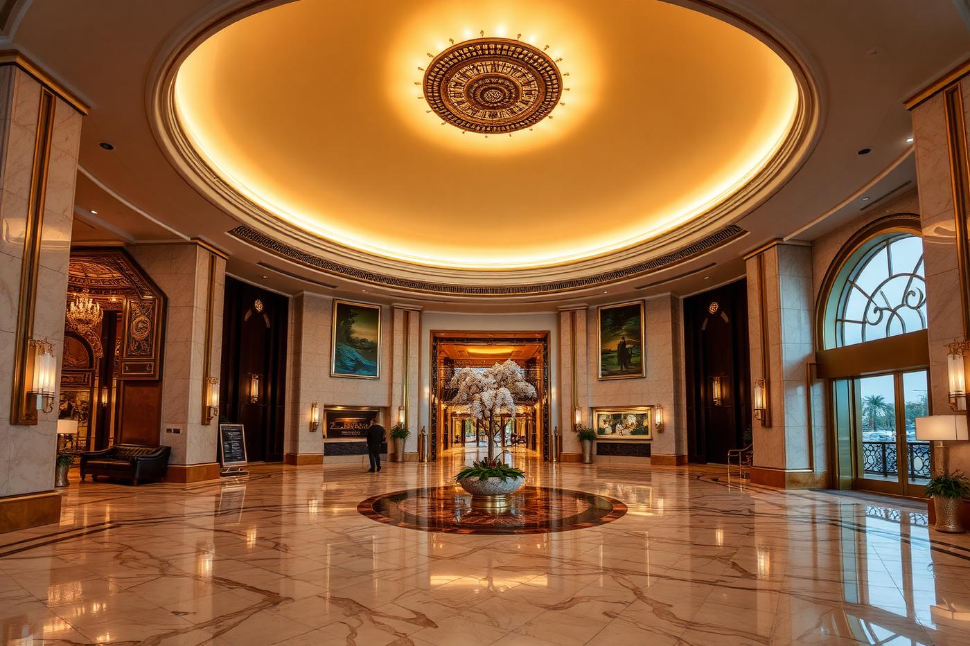 Grand hotel lobby with curved illuminated ceiling and marble floor