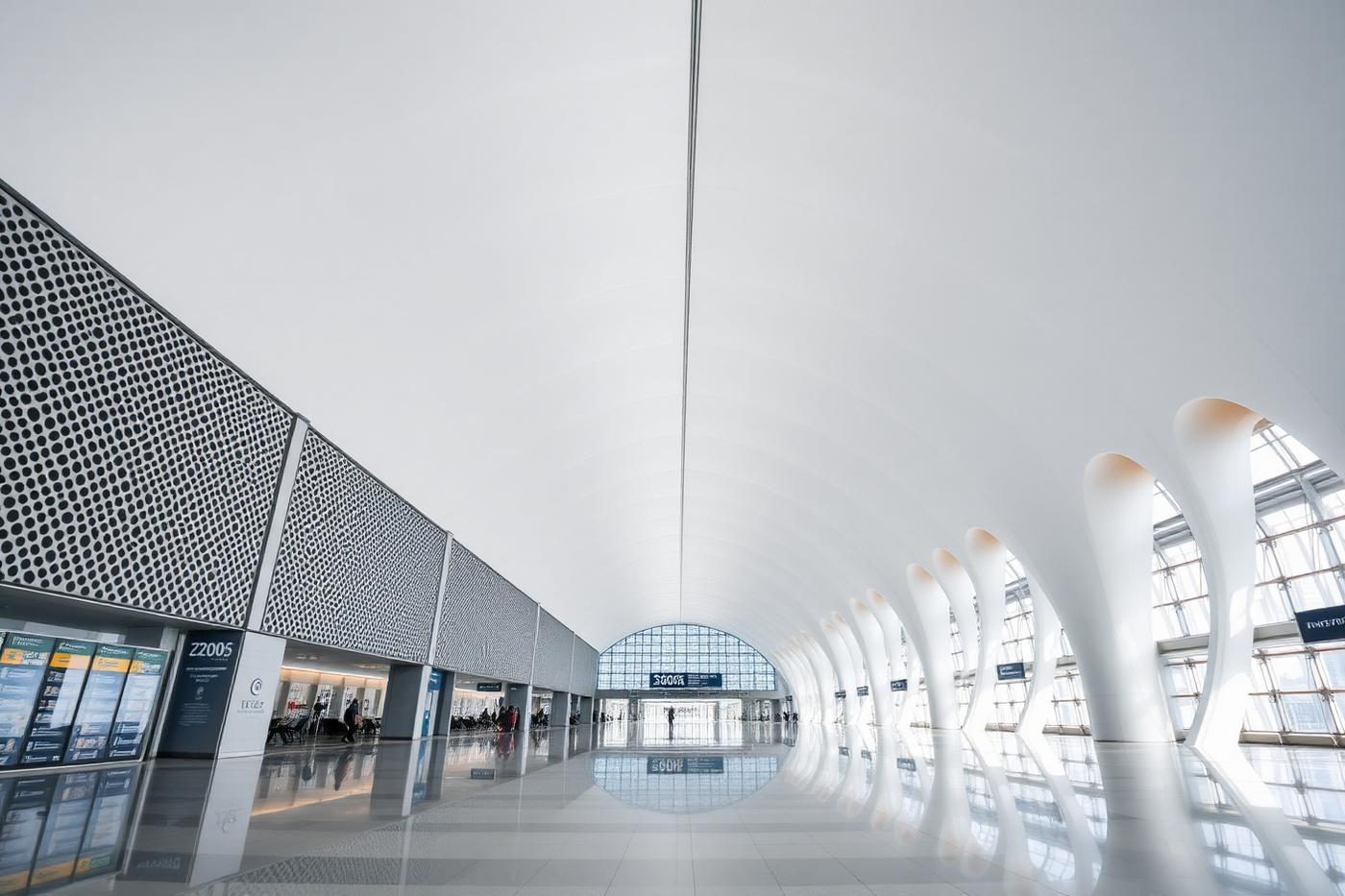 Airport terminal concourse with sculpted white ceiling and perforated screens