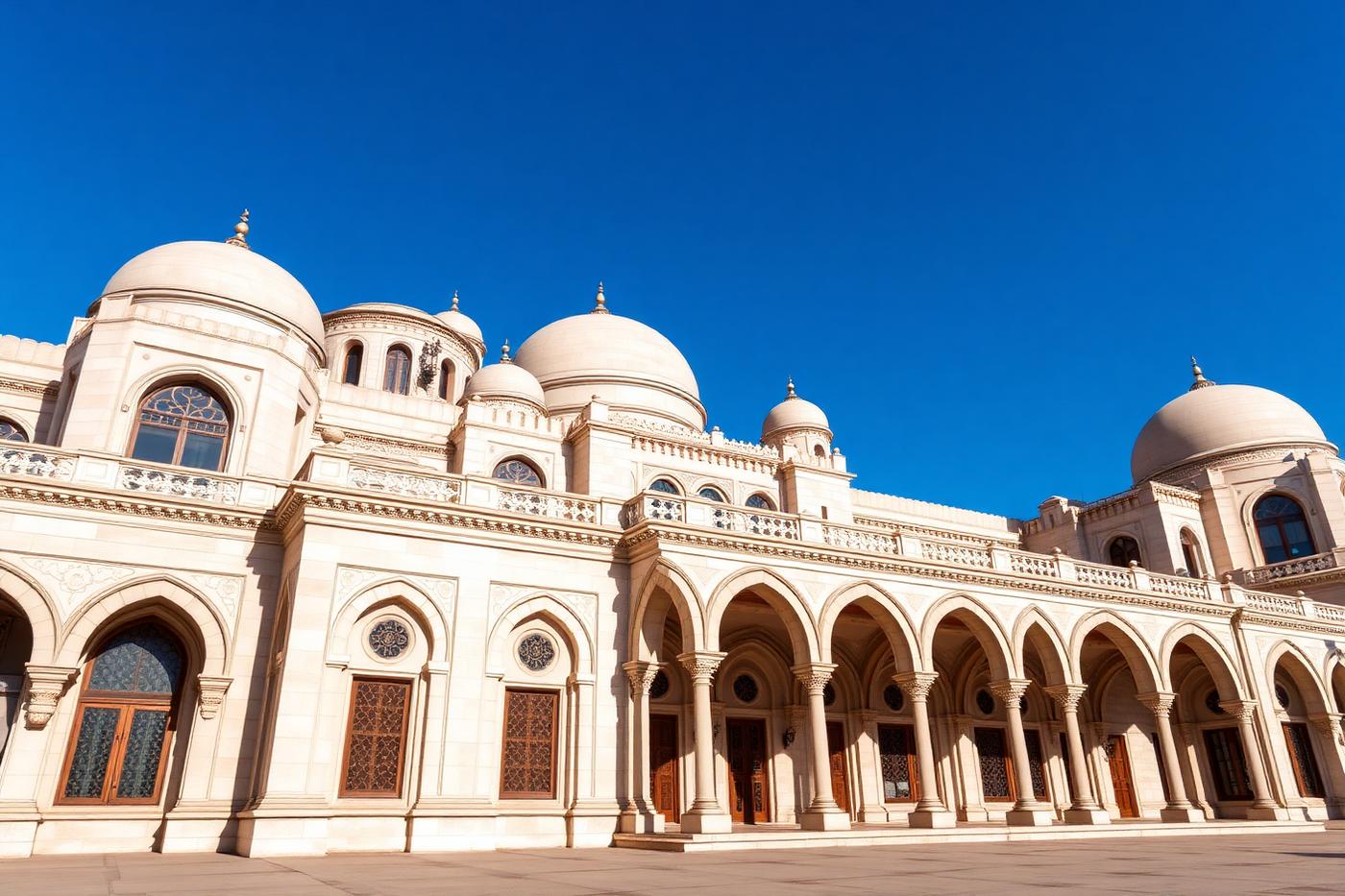 Stone civic facade with domes and arched geometric profiling