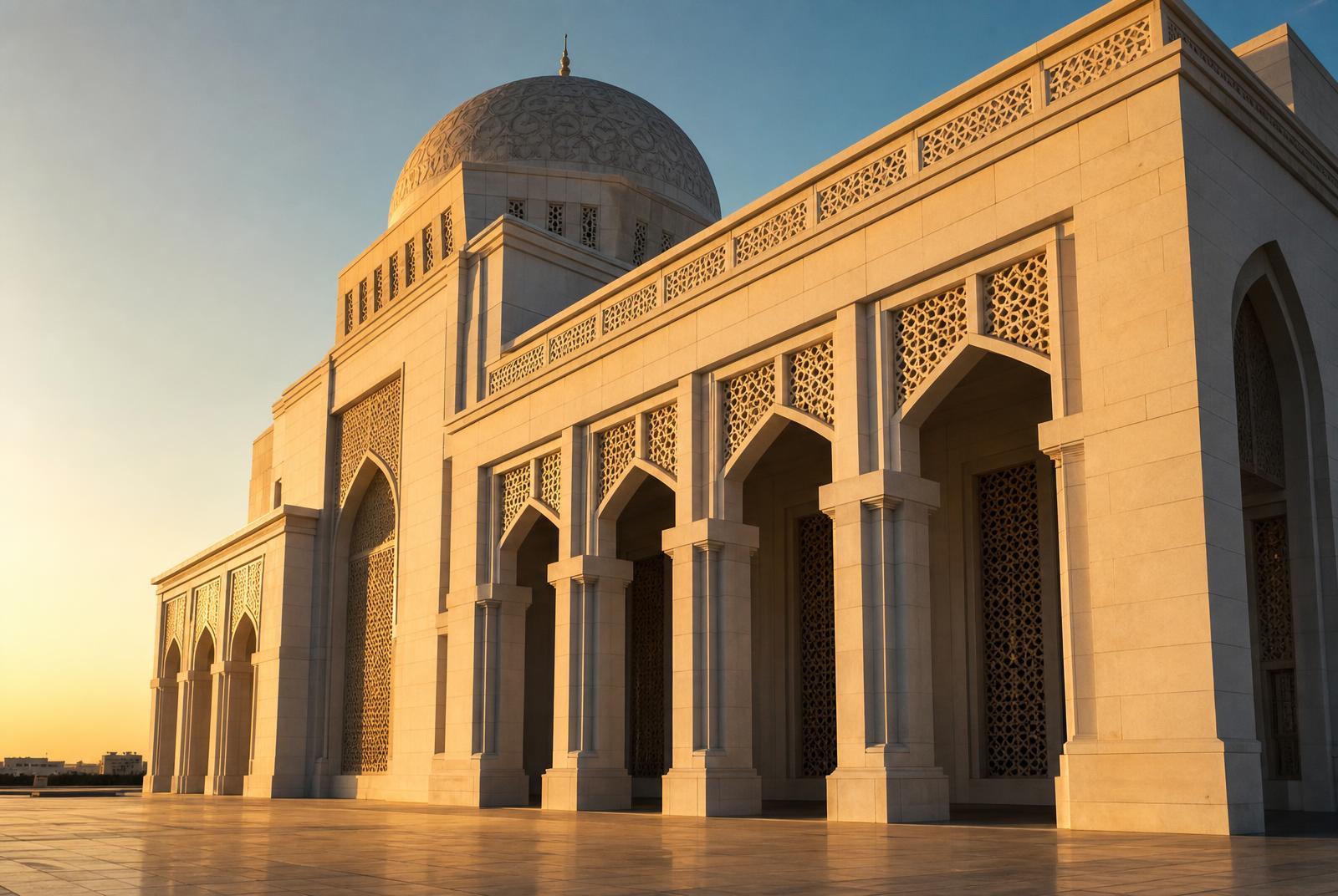 Stone civic facade with domes and arched geometric profiling