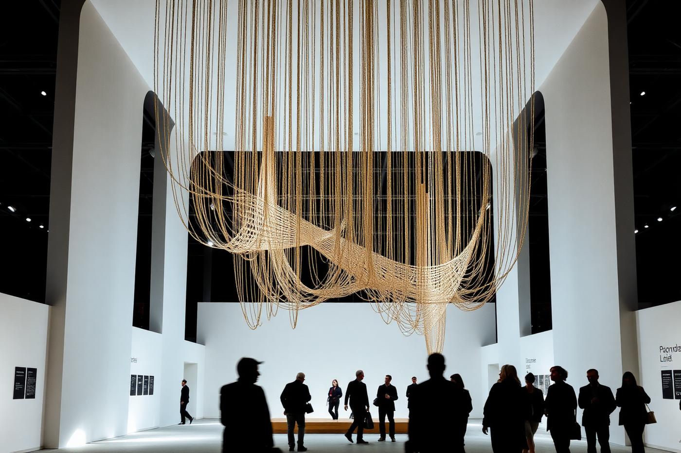 Expo pavilion interior with suspended rope installation