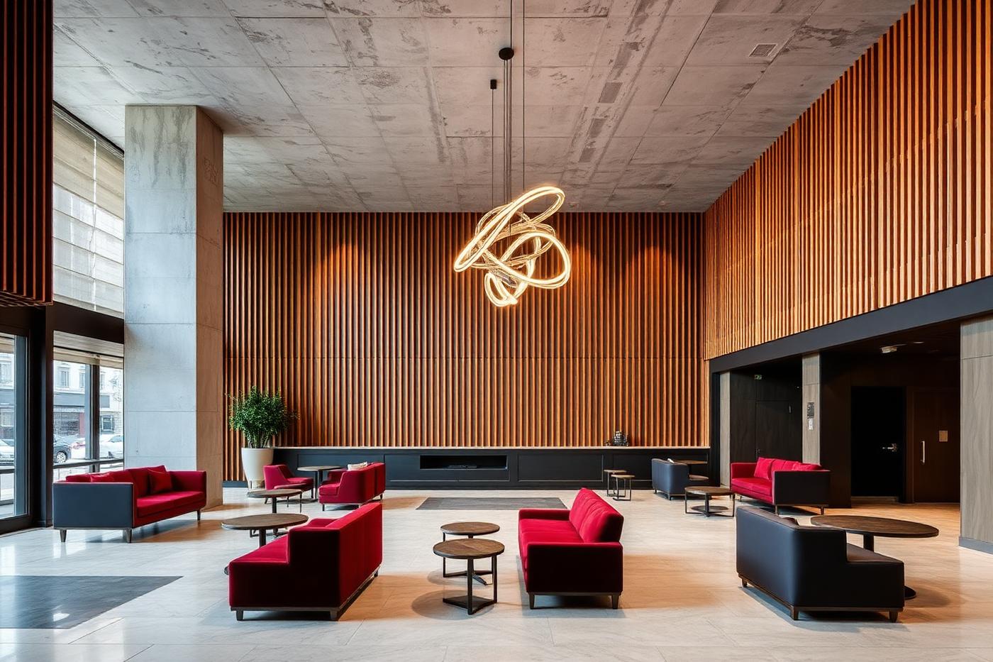 Lifestyle hotel lobby with concrete soffit, timber slat wall and red seating