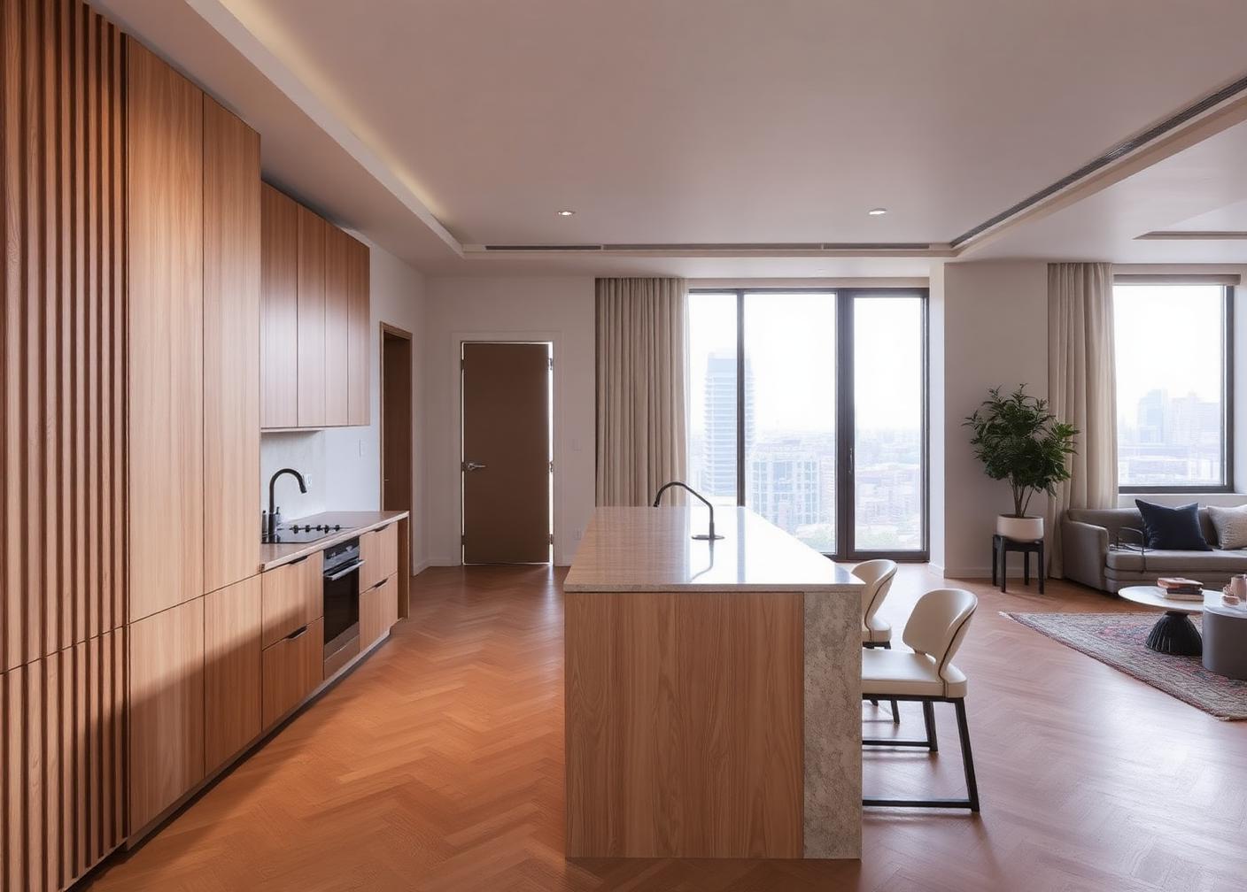 Finished city apartment with fluted timber joinery, stone island and open living space