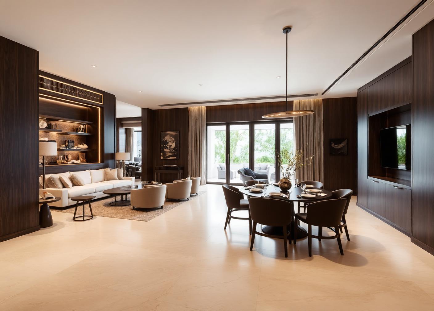 Branded residence living and dining space with stone floors, dark timber panelling and layered lighting